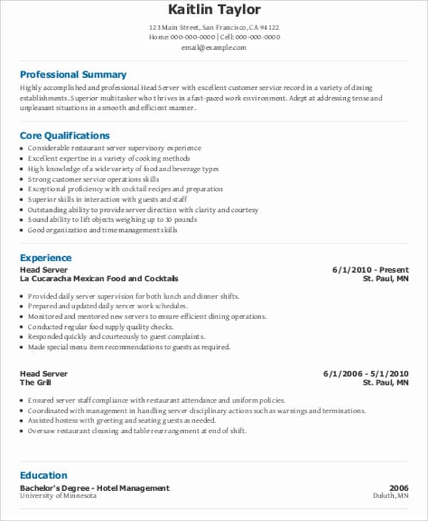 10+ Server Resume Template for the Professional Setting