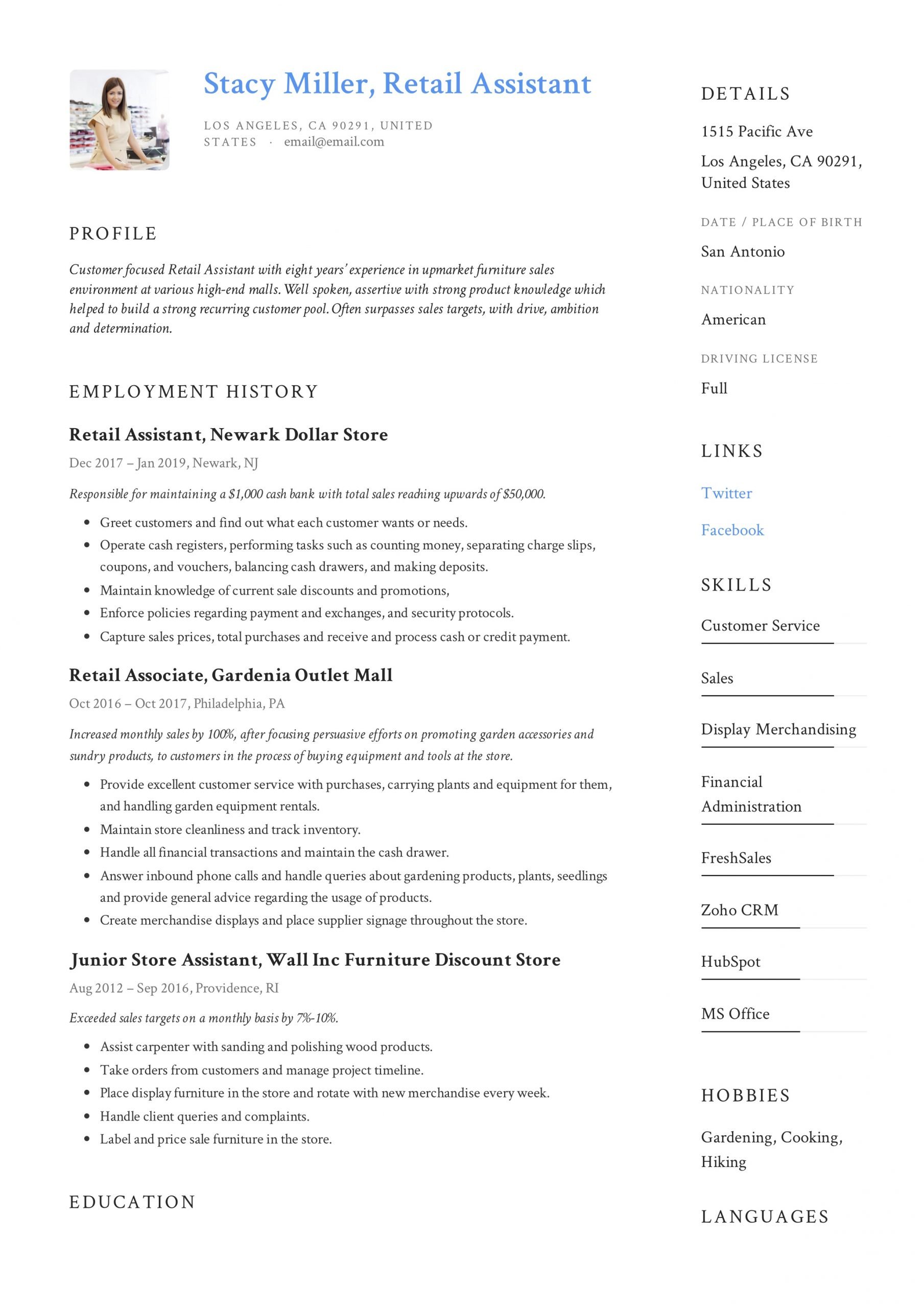 12 Retail Assistant Resume Samples &  Writing Guide