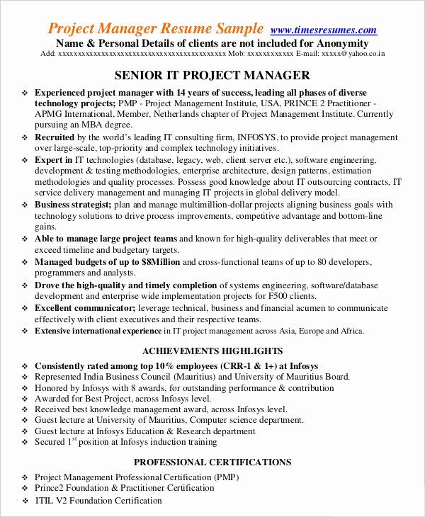 25 Project Manager Resume Sample Doc in 2020