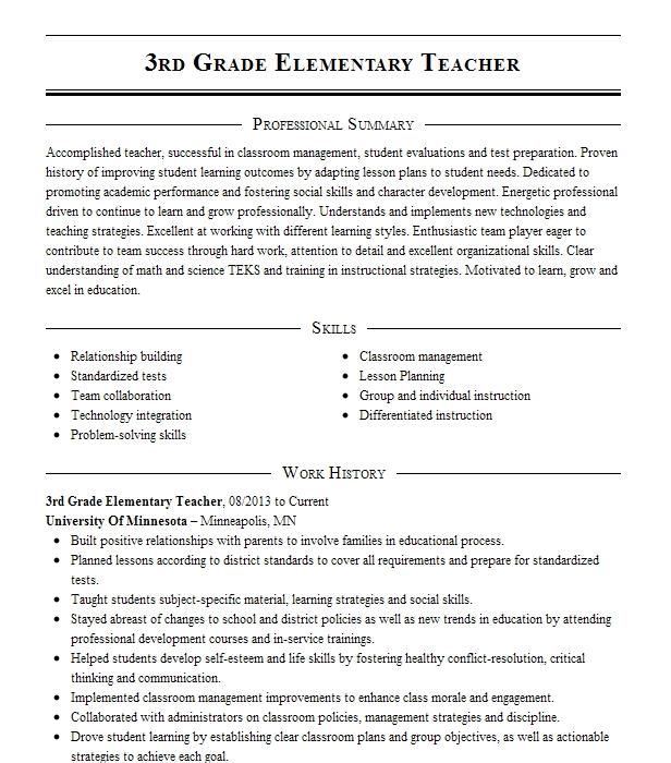 3Rd Grade Elementary Teacher Resume Example Company Name