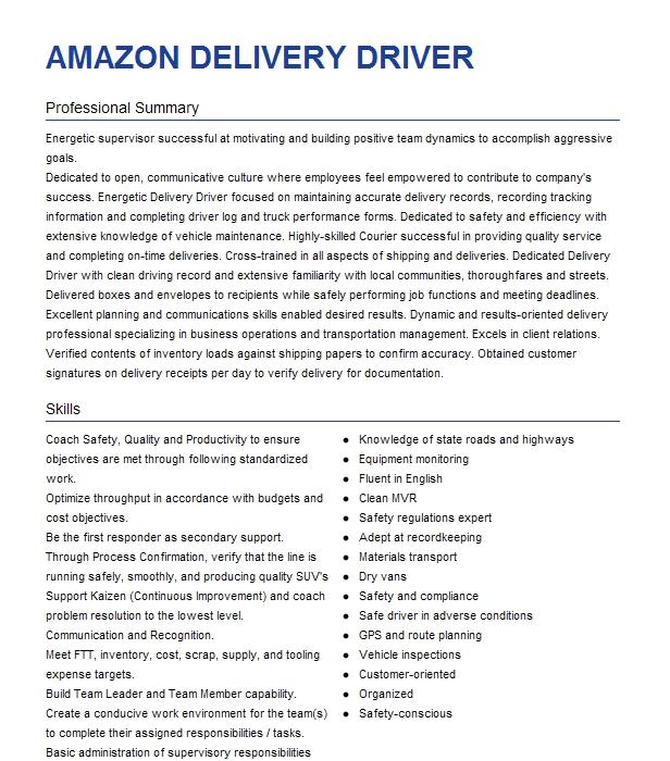 Amazon Delivery Driver Resume Example COURIER DISTRIBUTION SYSTEMS ...