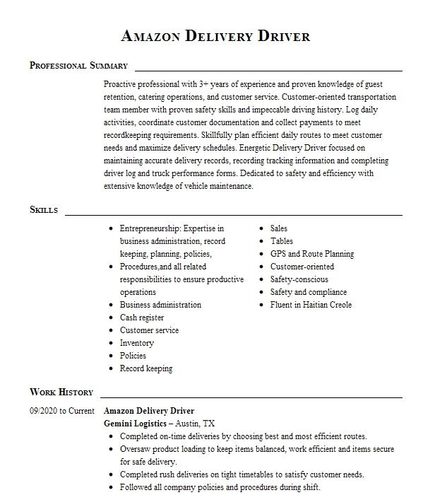 Amazon Delivery Driver Resume Example Need It Now Courier Service ...