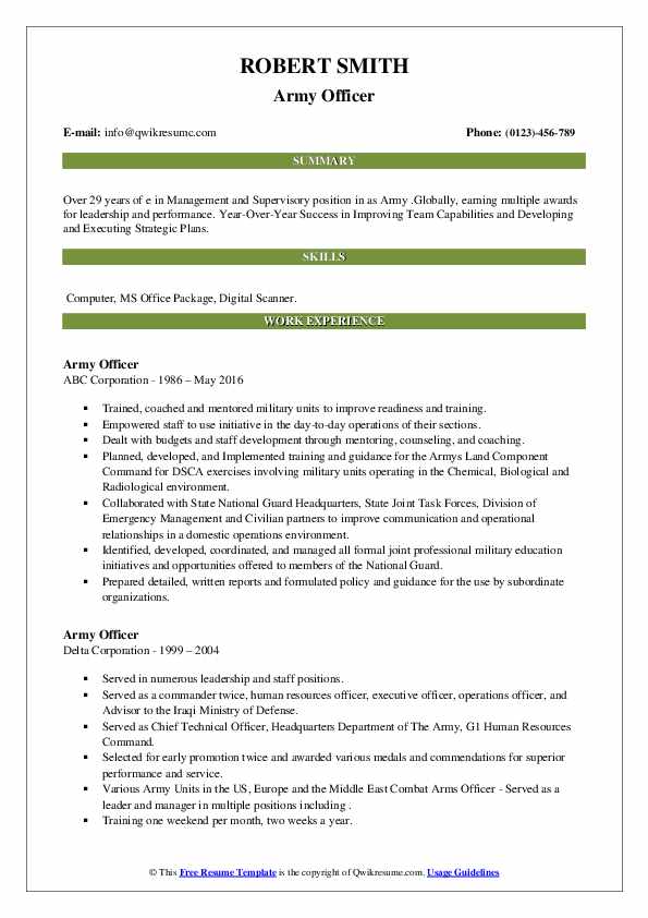 Army Officer Resume Samples