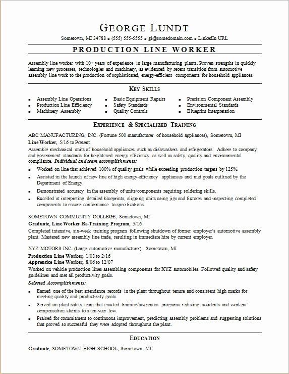 Assembly Line Worker Resume Objective Luxury Production ...