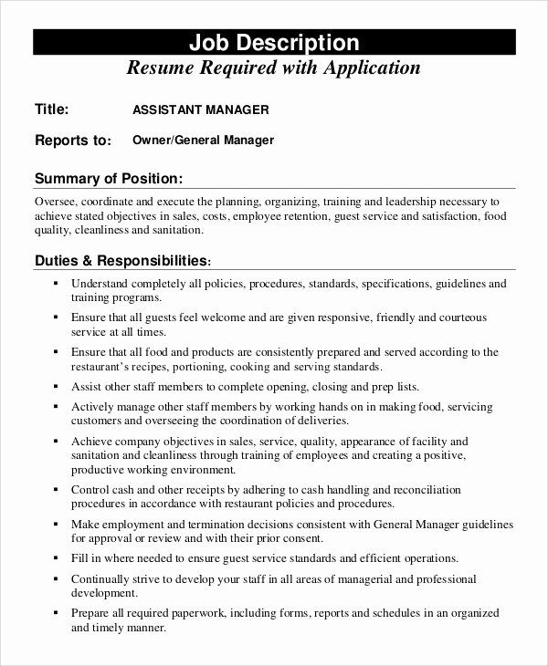 Assistant Store Manager Job Description Resume Best Of Sample assistant ...
