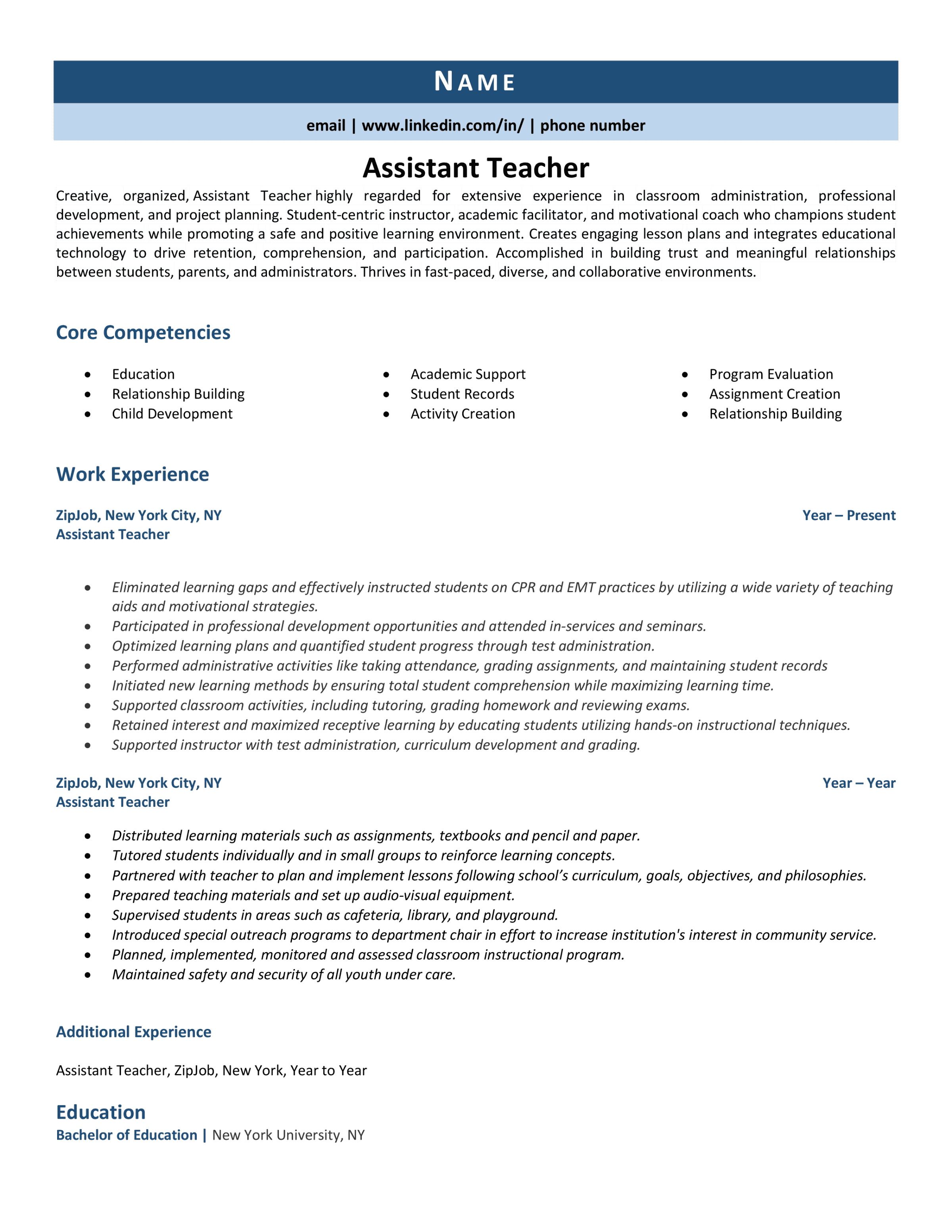 Assistant Teacher Resume Example &  Guide