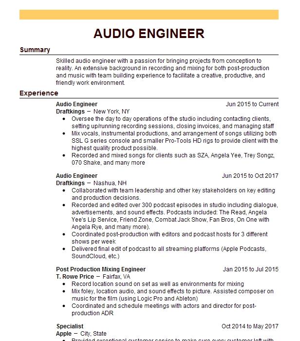 Audio Engineer Resume Sample