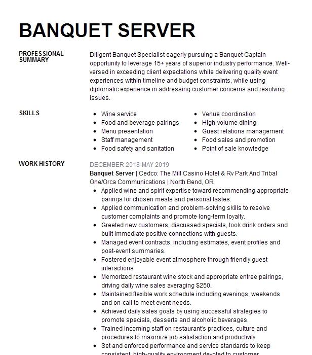 Banquet Server Resume Sample