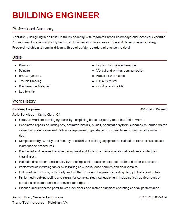 Building Engineer Resume Example Fort Worth Independent School District ...