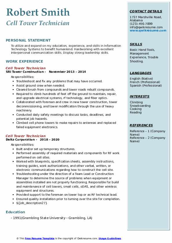 Cell Tower Technician Resume Samples