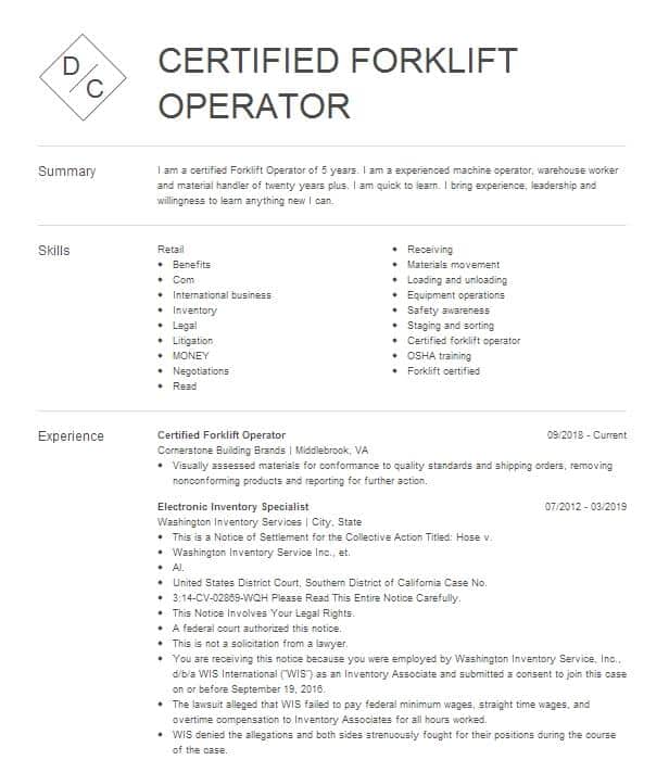 Certified Forklift Operator Resume Example Coca Cola Southwest ...