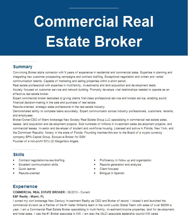 Commercial Real Estate Broker Resume Example Company Name