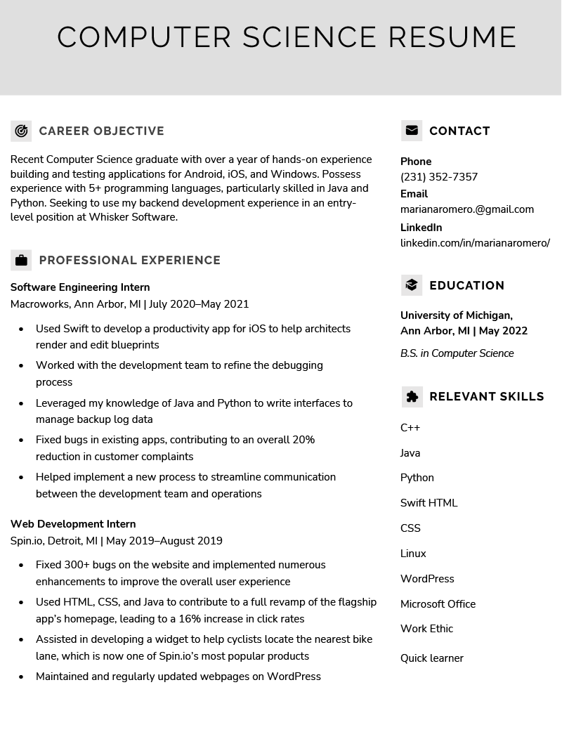 Computer Science Resume Sample &  Writing Tips
