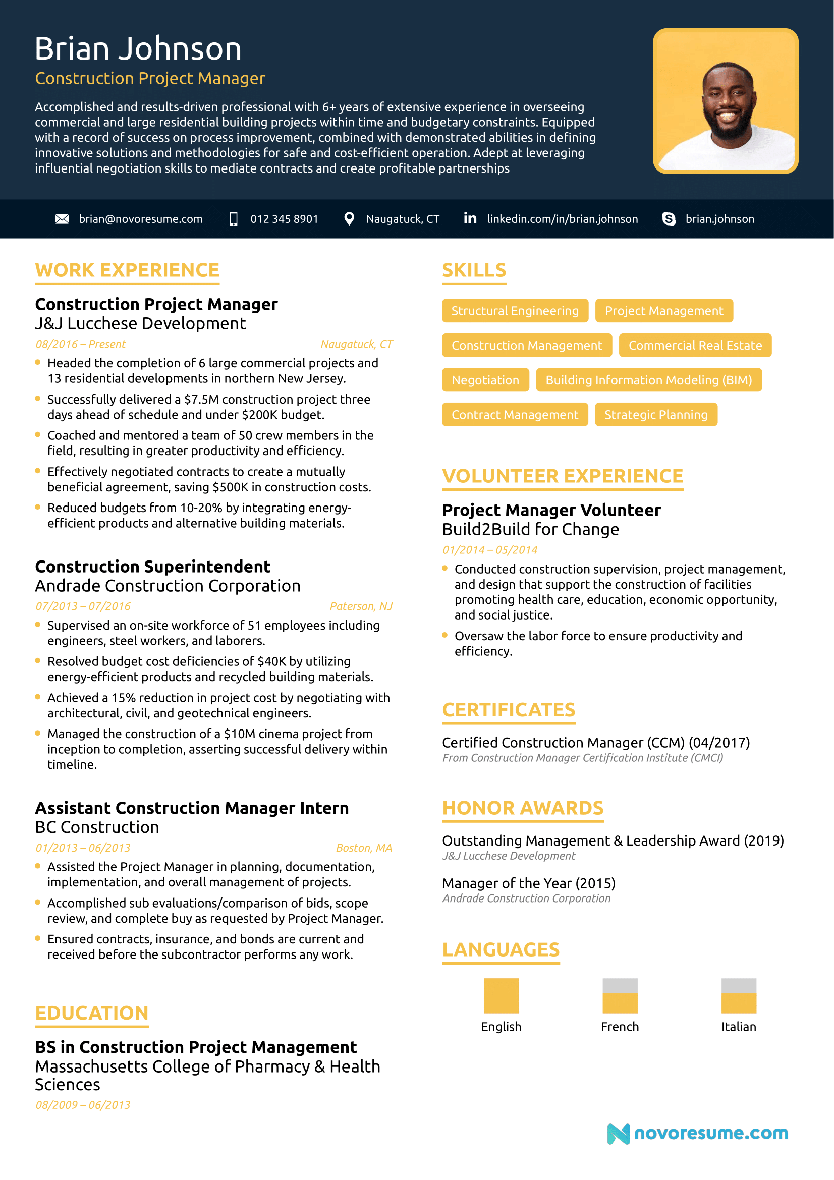 Construction Project Manager Resume Example [For 2021]
