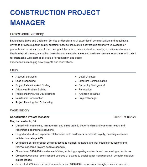 Construction Project Manager Resume Example SBA Towers
