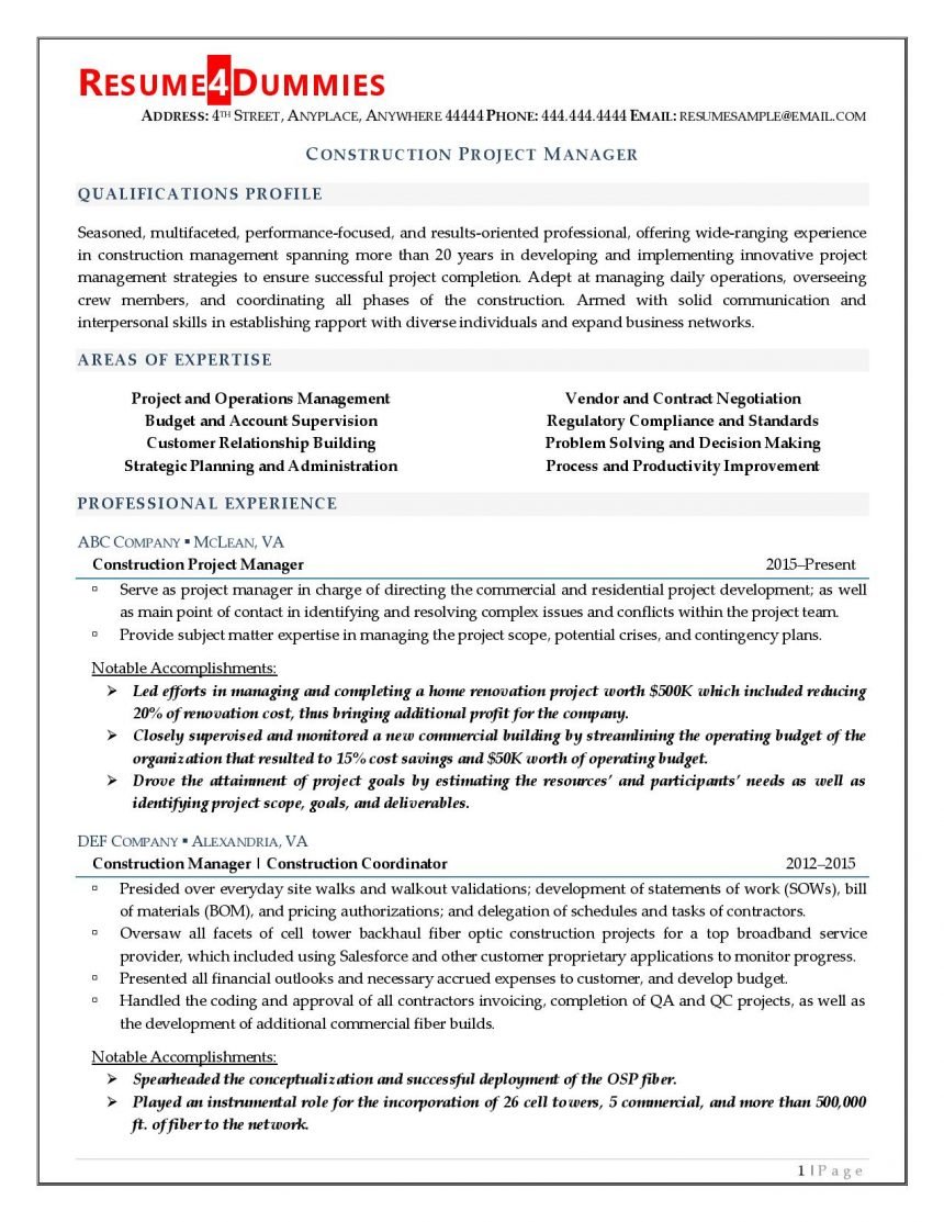 Construction Project Manager Resume