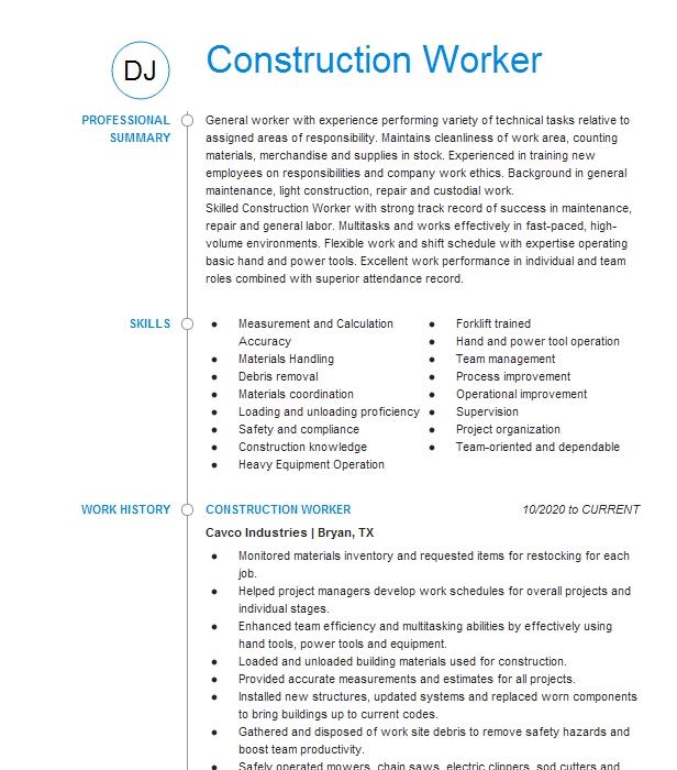 Construction Worker Resume Example Lane