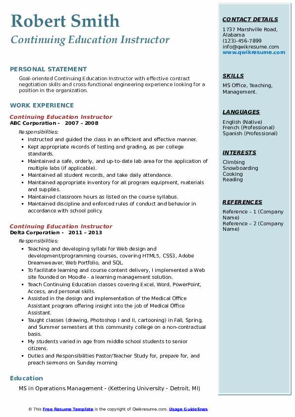 Continuing Education Instructor Resume Samples