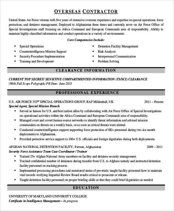 Contract Work Resume Examples