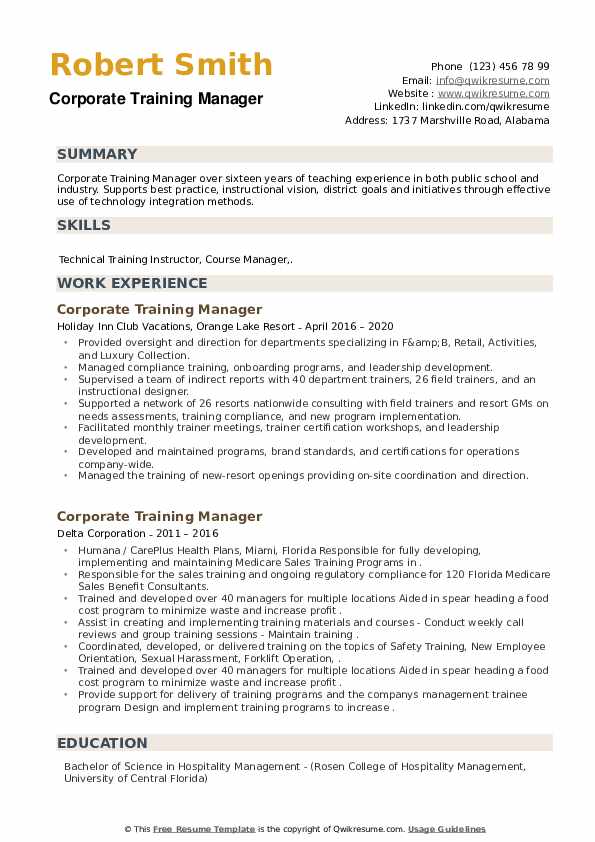 Corporate Training Manager Resume Samples