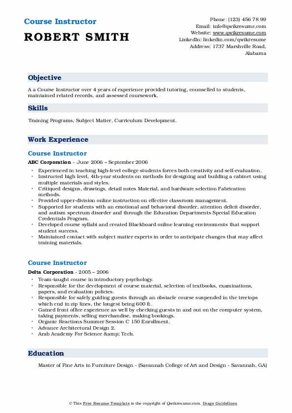Course Instructor Resume Samples