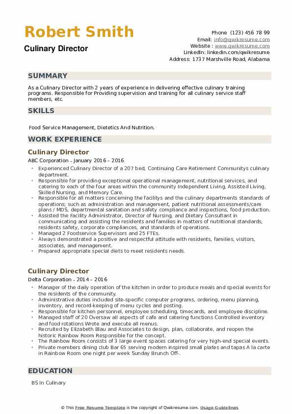 Culinary Director Resume Samples