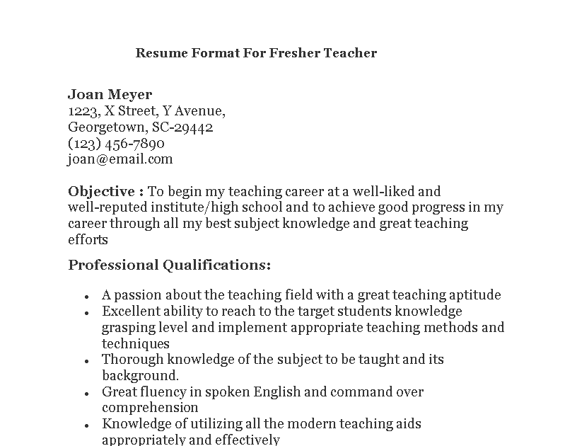 Cv For Teaching Job Application For Fresher
