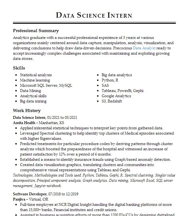 Data Science Intern Resume Example Company Name