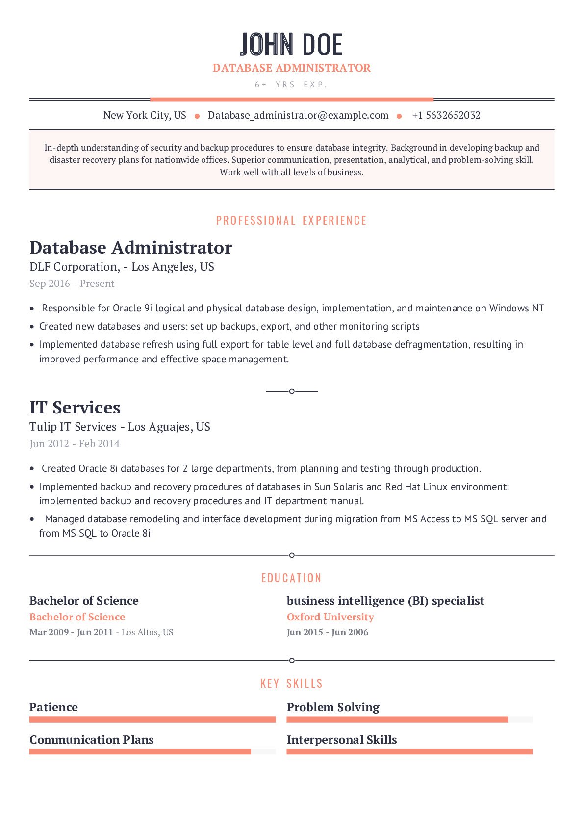 Database Administrator Resume Example With Content Sample ...
