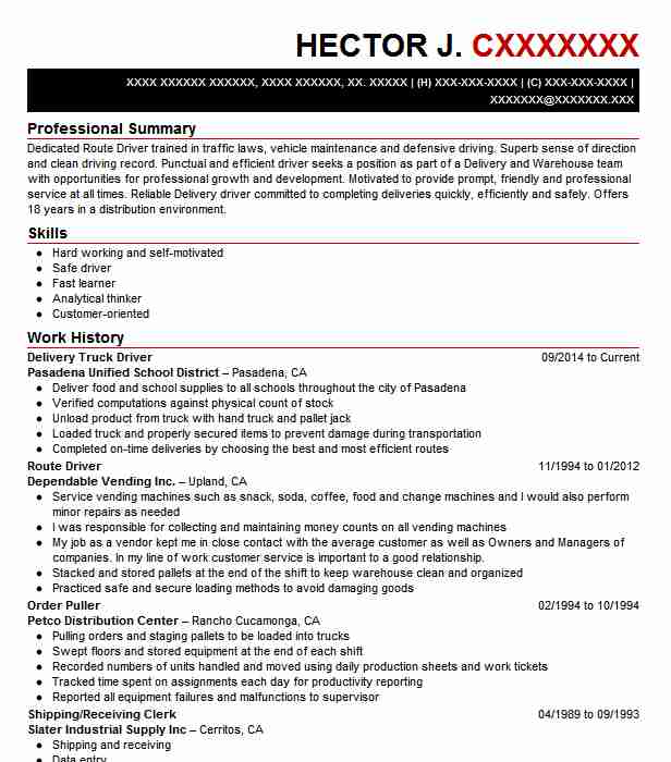 Delivery Truck Driver Resume Sample