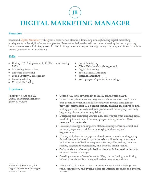 Digital Marketing Manager Resume Example Company Name
