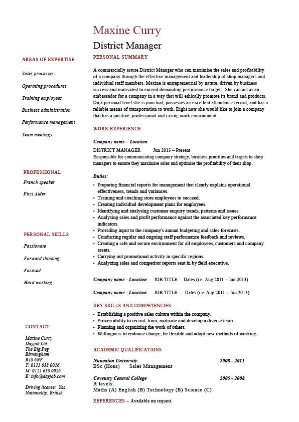 District Manager resume template, CV, example, sample, management ...