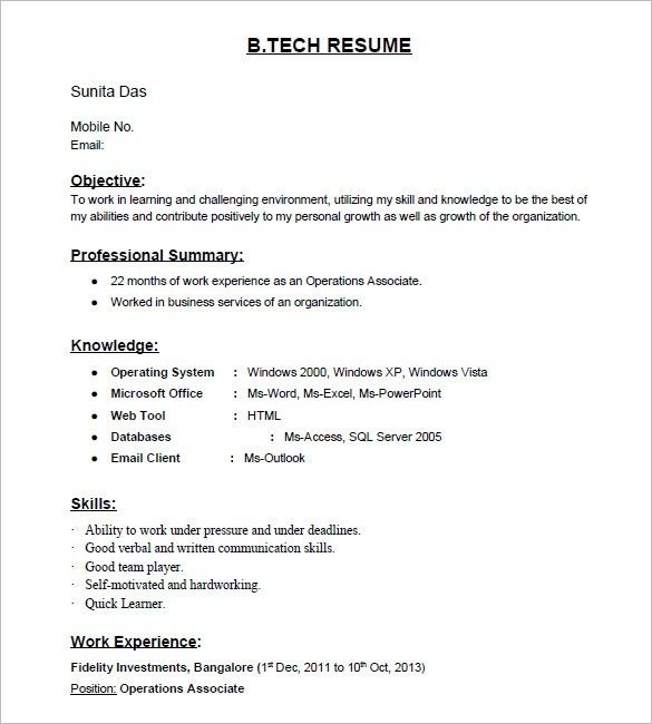 Easy Resume Format For Fresher
