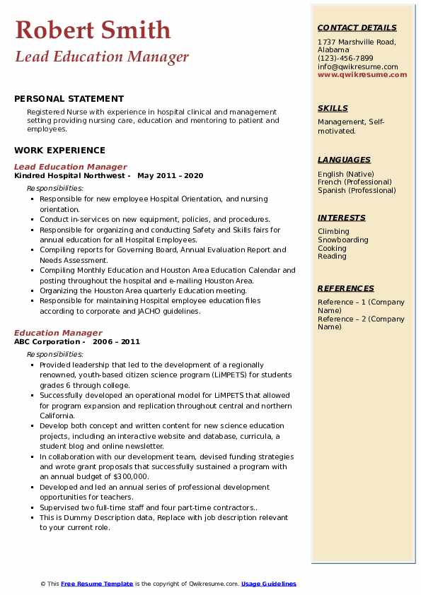 Education Manager Resume Samples