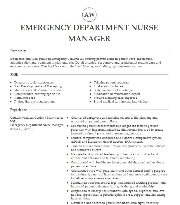 Emergency Department Nurse Manager Resume Example Catholic Medical ...