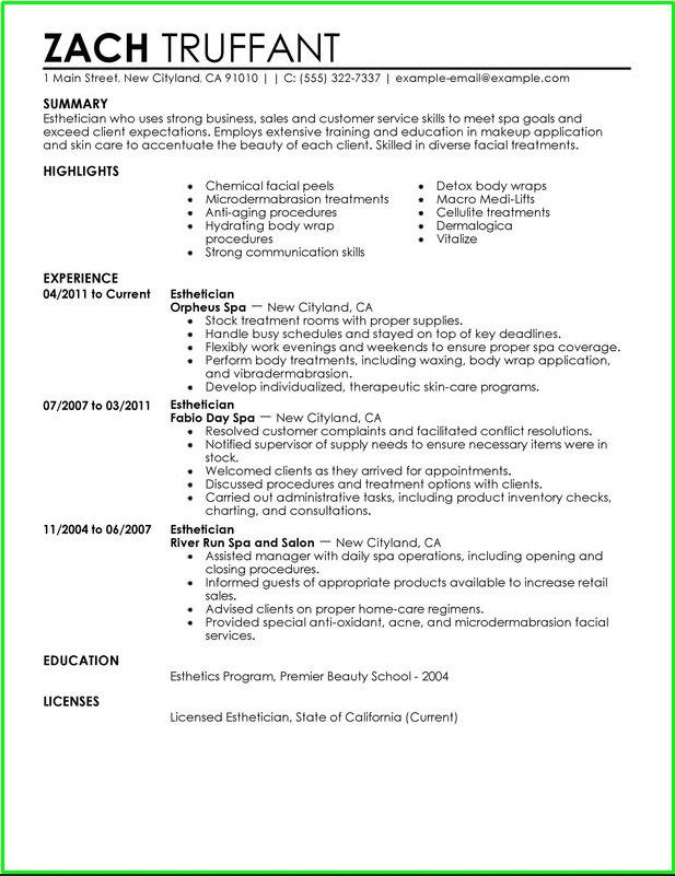 entry level esthetician resume sample