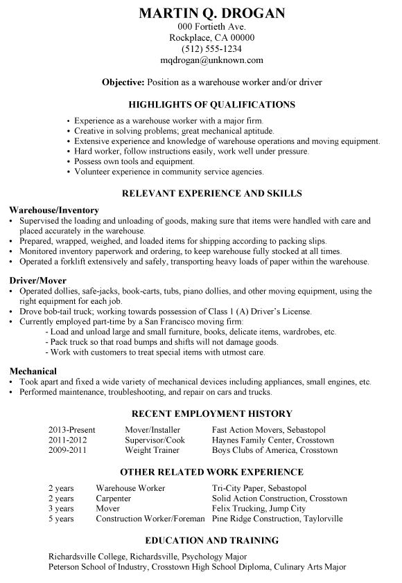Example of a functional resume for a warehouse worker or ...