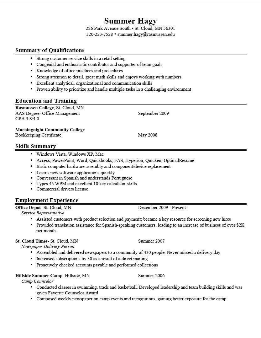 examples of good resumes for college students