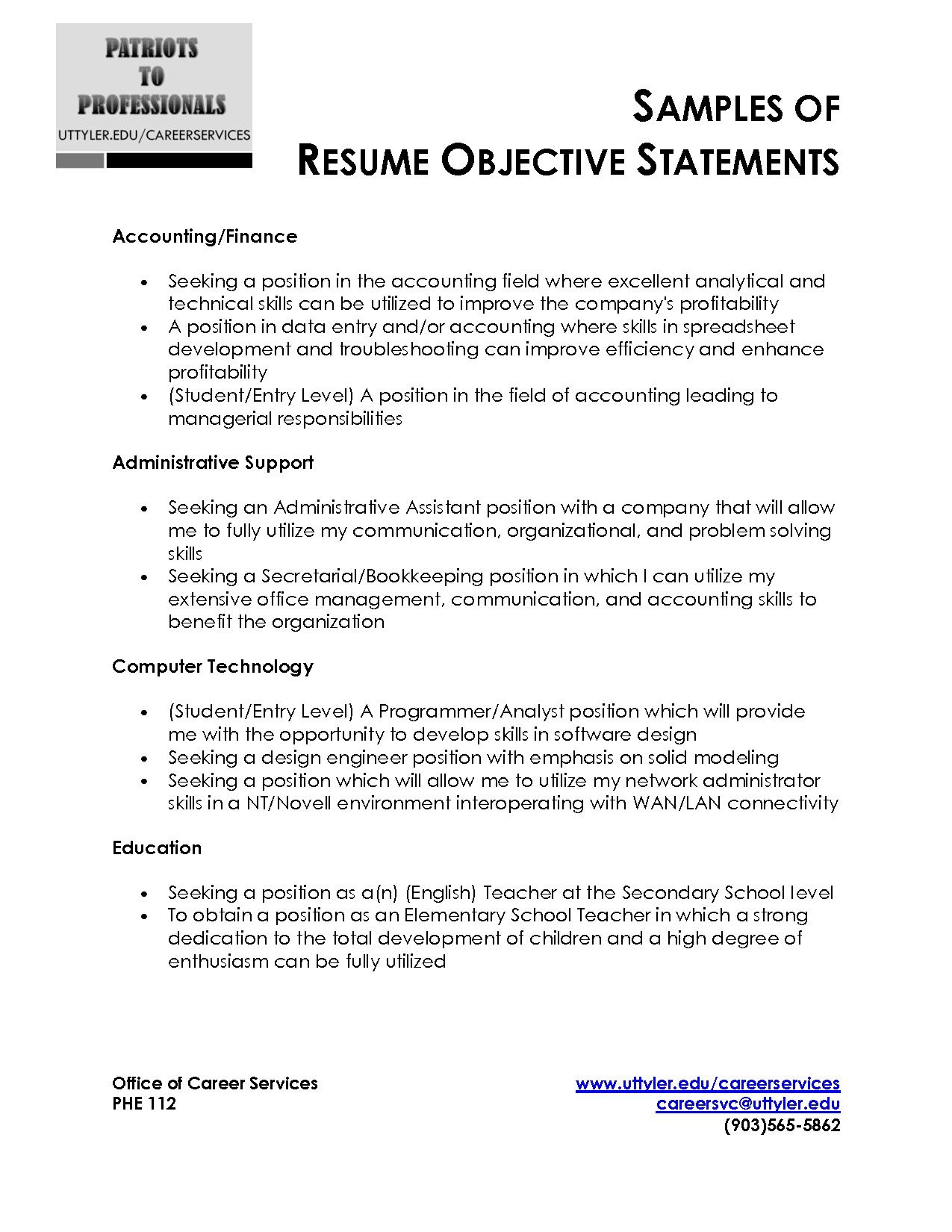 Examples of great resume objective statements