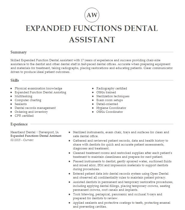 Expanded Functions Dental Assistant (EFDA) Resume Example Dr. David ...