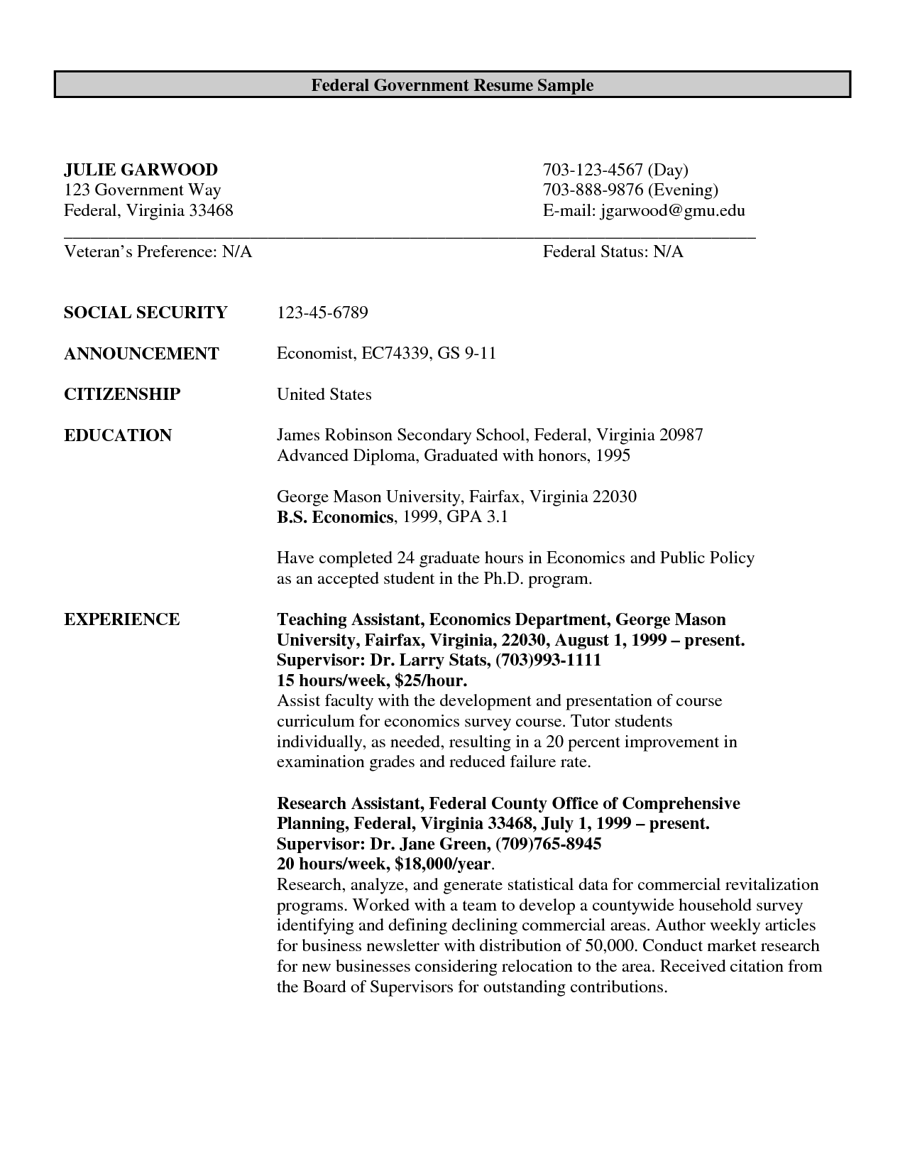 Federal Government Resume ExampleCareer Resume Template