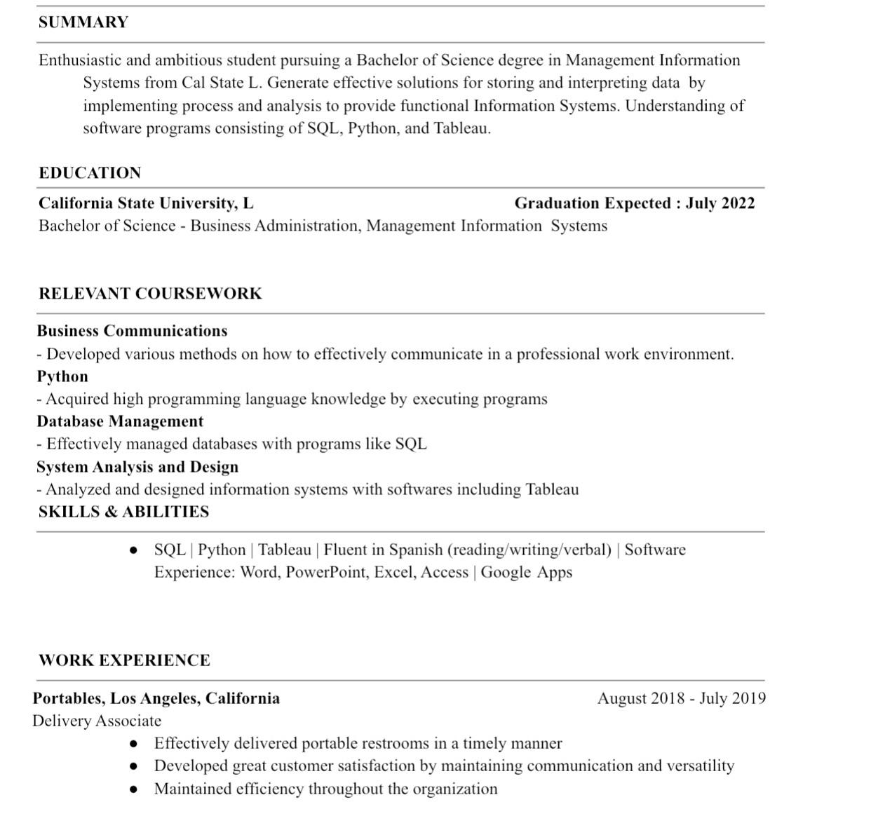 First Resume made for data analyst with no experience. Please excuse my ...