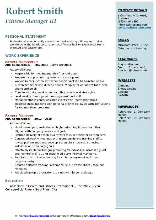 Fitness Manager Resume Samples