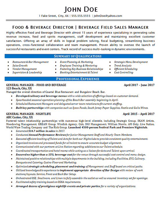 Food Beverage Manager Resume Example