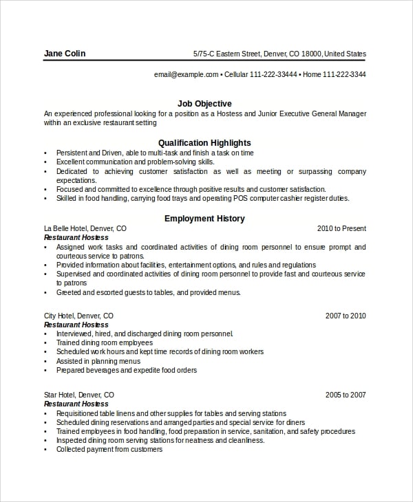 FREE 6+ Sample Hostess Resume Templates in MS Word