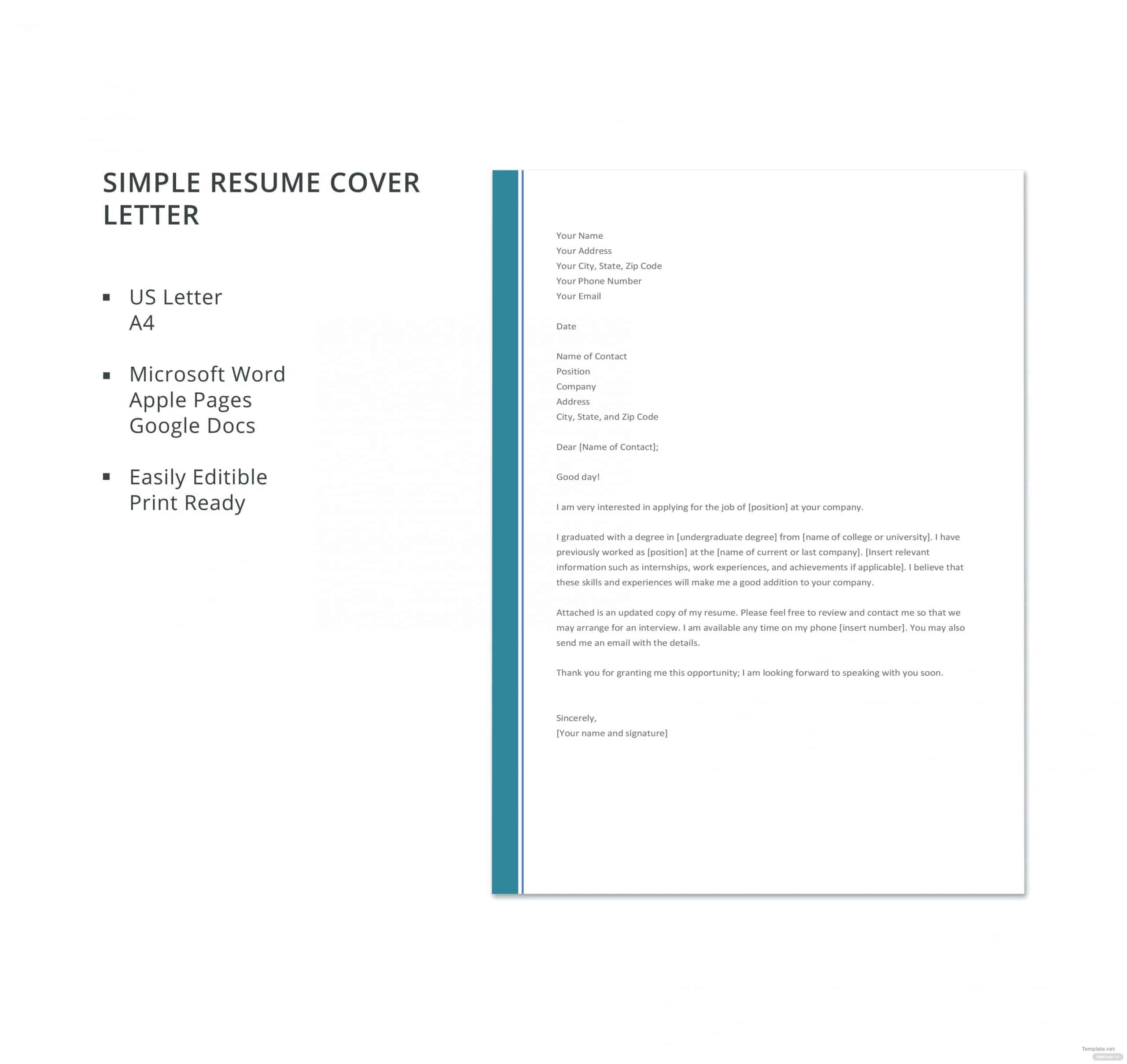 Free Simple Resume Cover Letter Template in Microsoft Word, Apple Pages, Google Docs