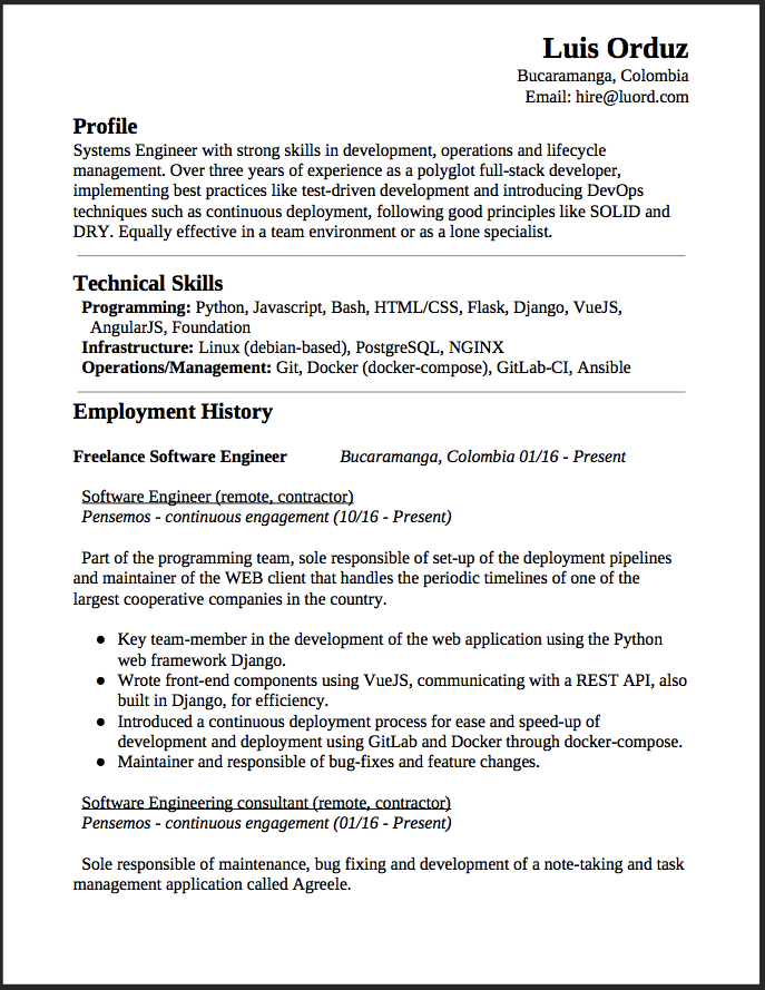 Freelance Software Engineer Resume This is a summary of my experience ...