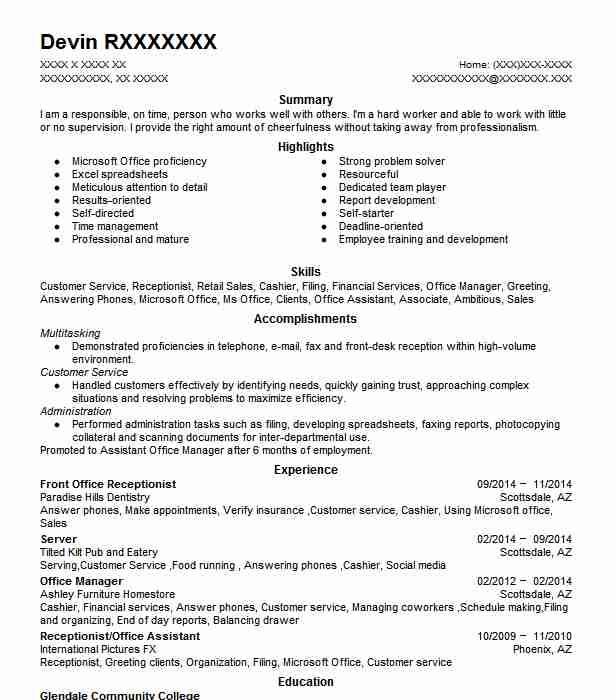 Front Office Receptionist Resume Sample