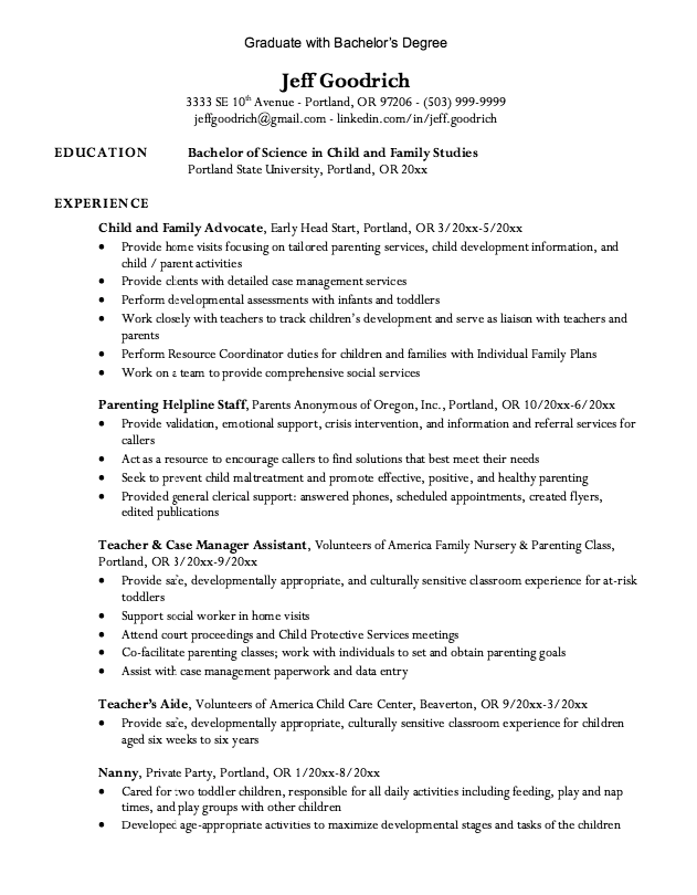 Graduate Bachelor Degree Resume