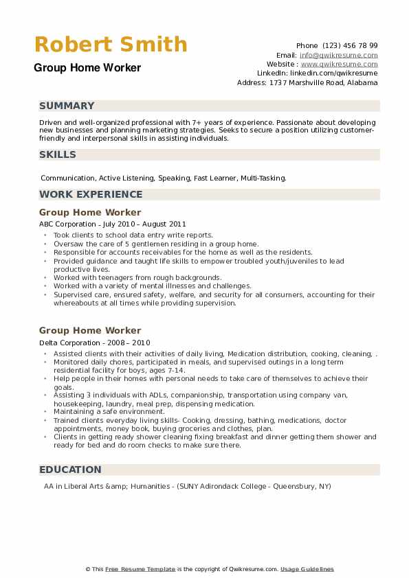 Group Home Worker Resume Samples